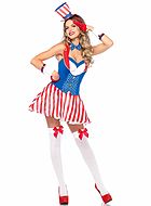 Female American patriot, costume dress, buttons, stars, stripes